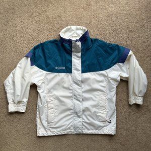 Columbia Windbreaker Womens Large Full Zip Vtg *Stain* White Blue Nylon